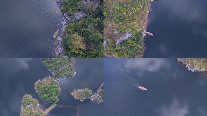 航拍小船驶出岛屿进入湖泊唯美画面