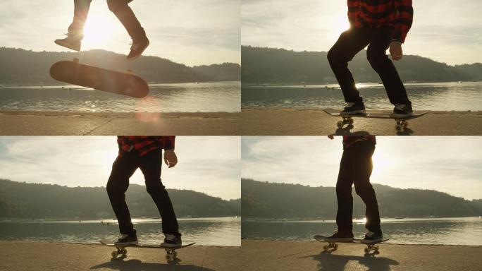 跳跃360度翻转技巧在海边的滑板运动员
