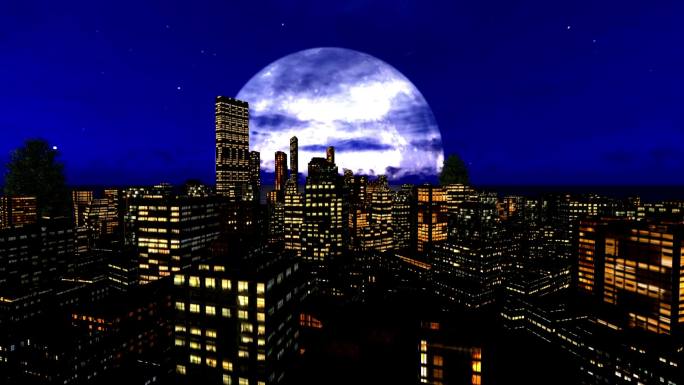 美丽月光下的城市赛博朋克科技感AR全息