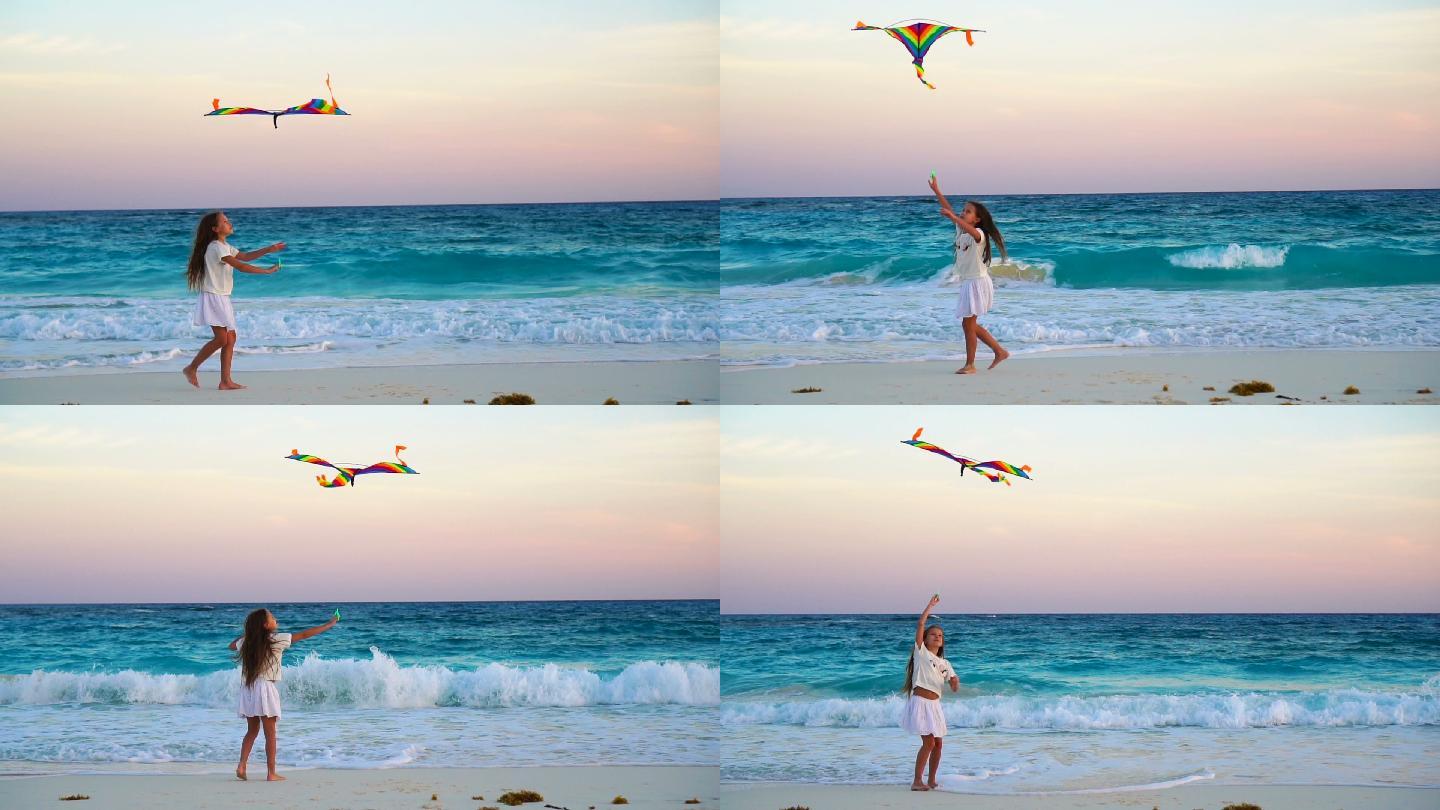可爱的小女孩在热带海滩上放风筝