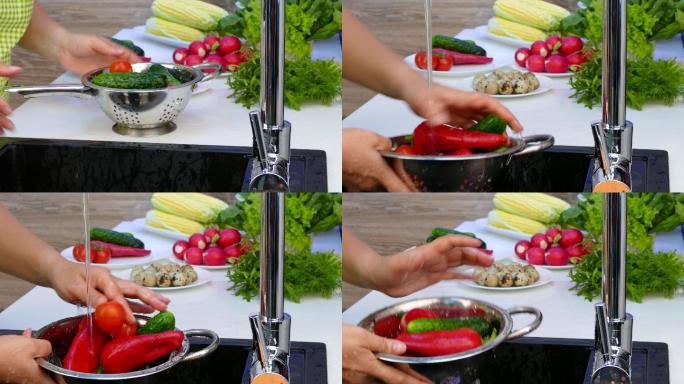 把蔬菜放在筛子里，然后用自来水冲洗。