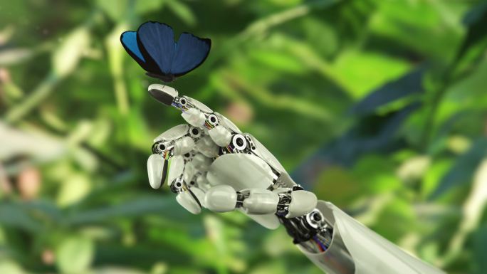 大闪蝶落在机器人的手上动画