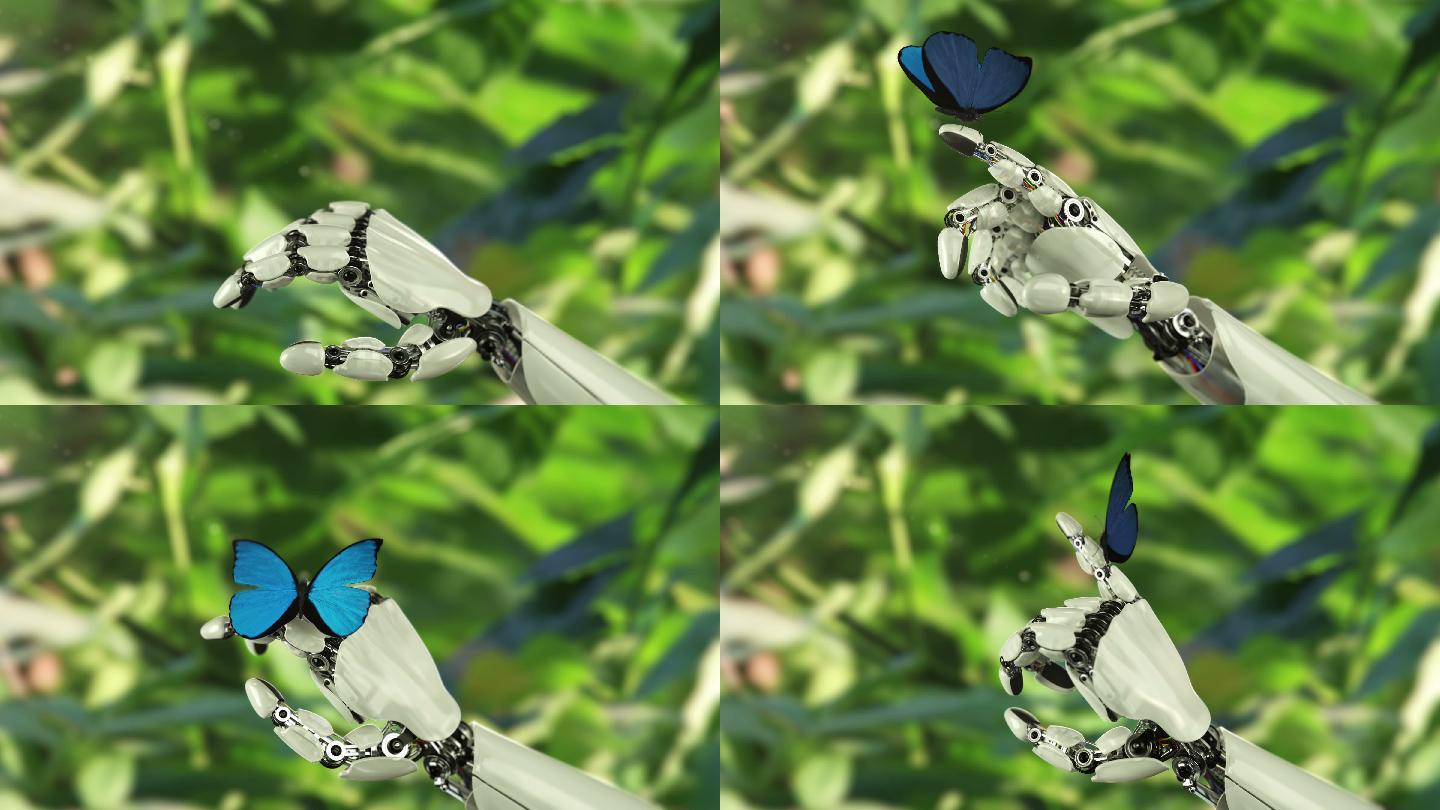 大闪蝶落在机器人的手上动画