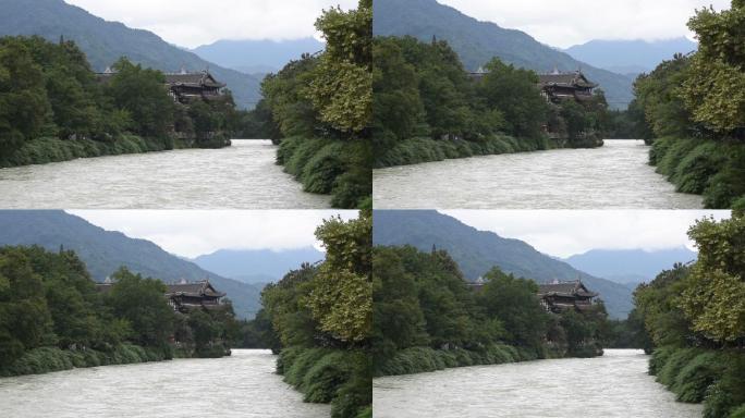 都江堰河的流动和山脉，中国