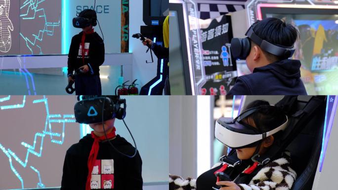 多个青少年体验VR游戏镜头