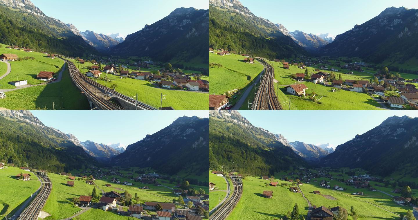 令人惊叹的铁路鸟瞰瑞士阿尔卑斯山麓