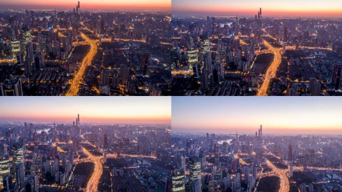 清晨上海鸟瞰图凌晨都市璀璨灯光金融商务