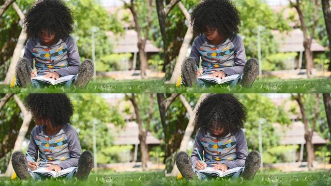 小男孩坐在草地上在笔记本上写东西