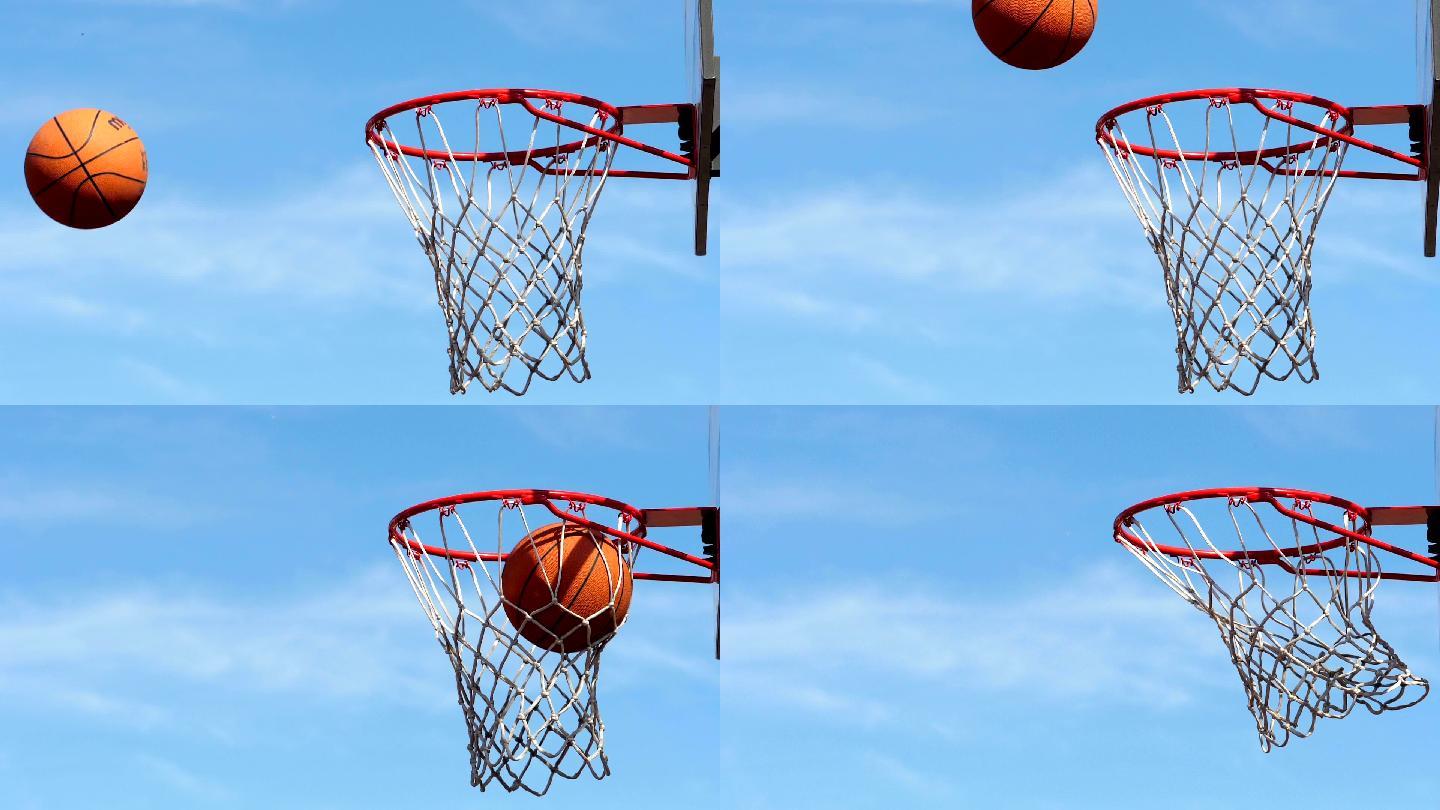 在空中的篮球篮网篮筐进球