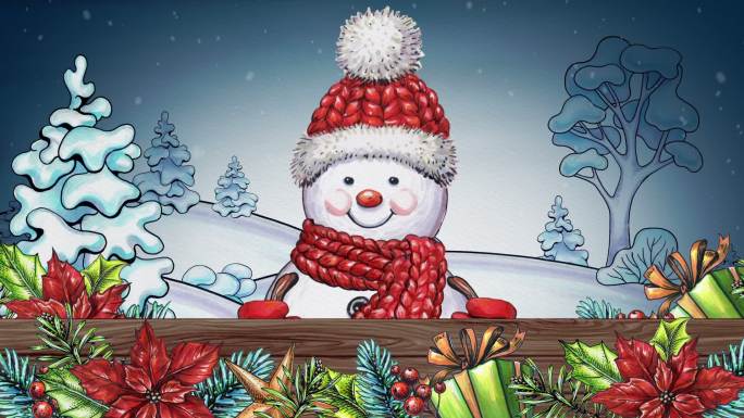水彩动画卡通雪人纸显现圣诞节