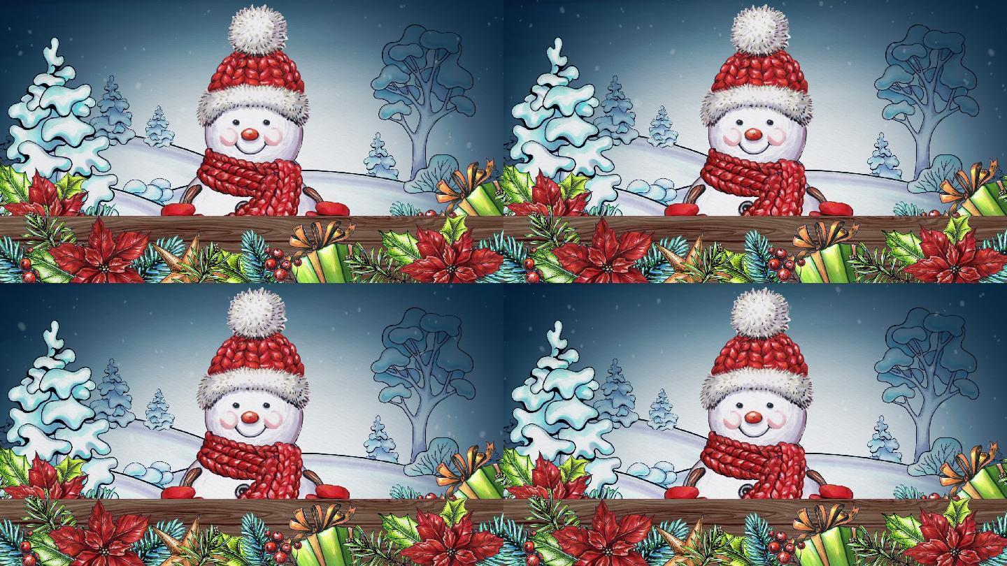 水彩动画卡通雪人纸显现圣诞节