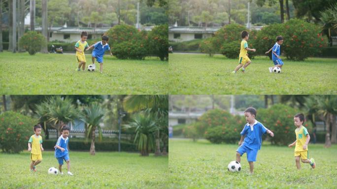 踢足球的男孩小朋友踢足球草坪上追逐小孩奔