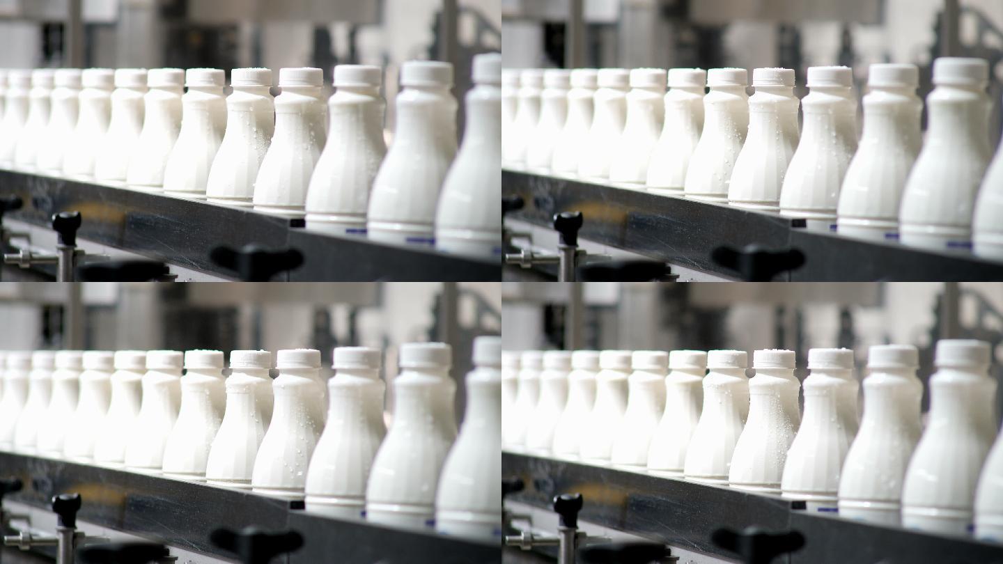 白色塑料奶瓶在生产线上分类和前进