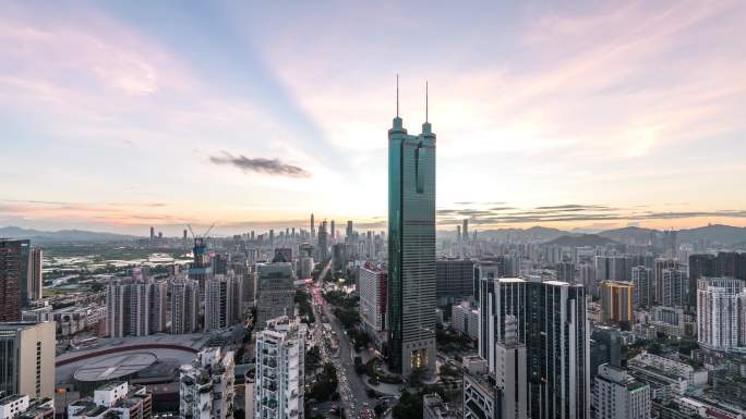 地王大厦为前景深圳中心区晚霞日转夜延时