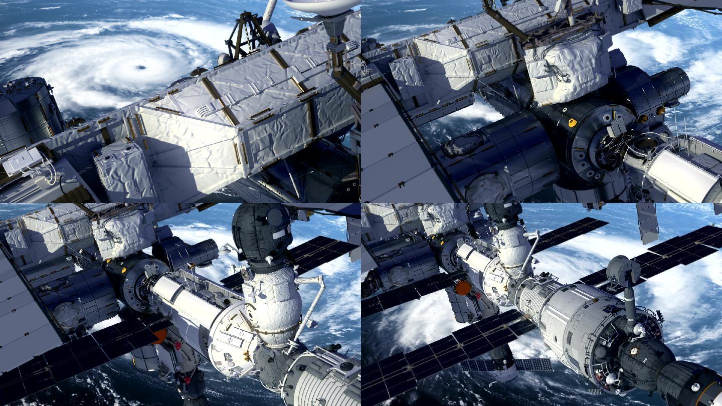 国际空间站在飓风上方的飞行3D动画。