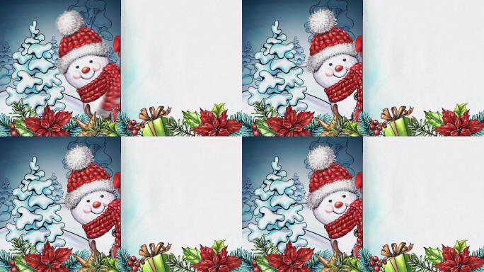 水彩动画卡通雪人设计圣诞节树