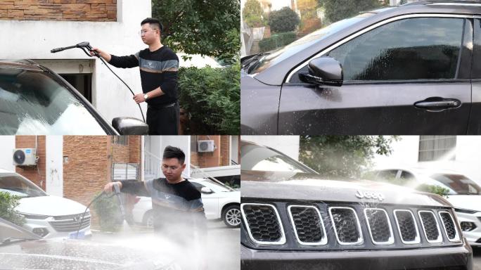 洗车 院子里洗车 一个人洗车