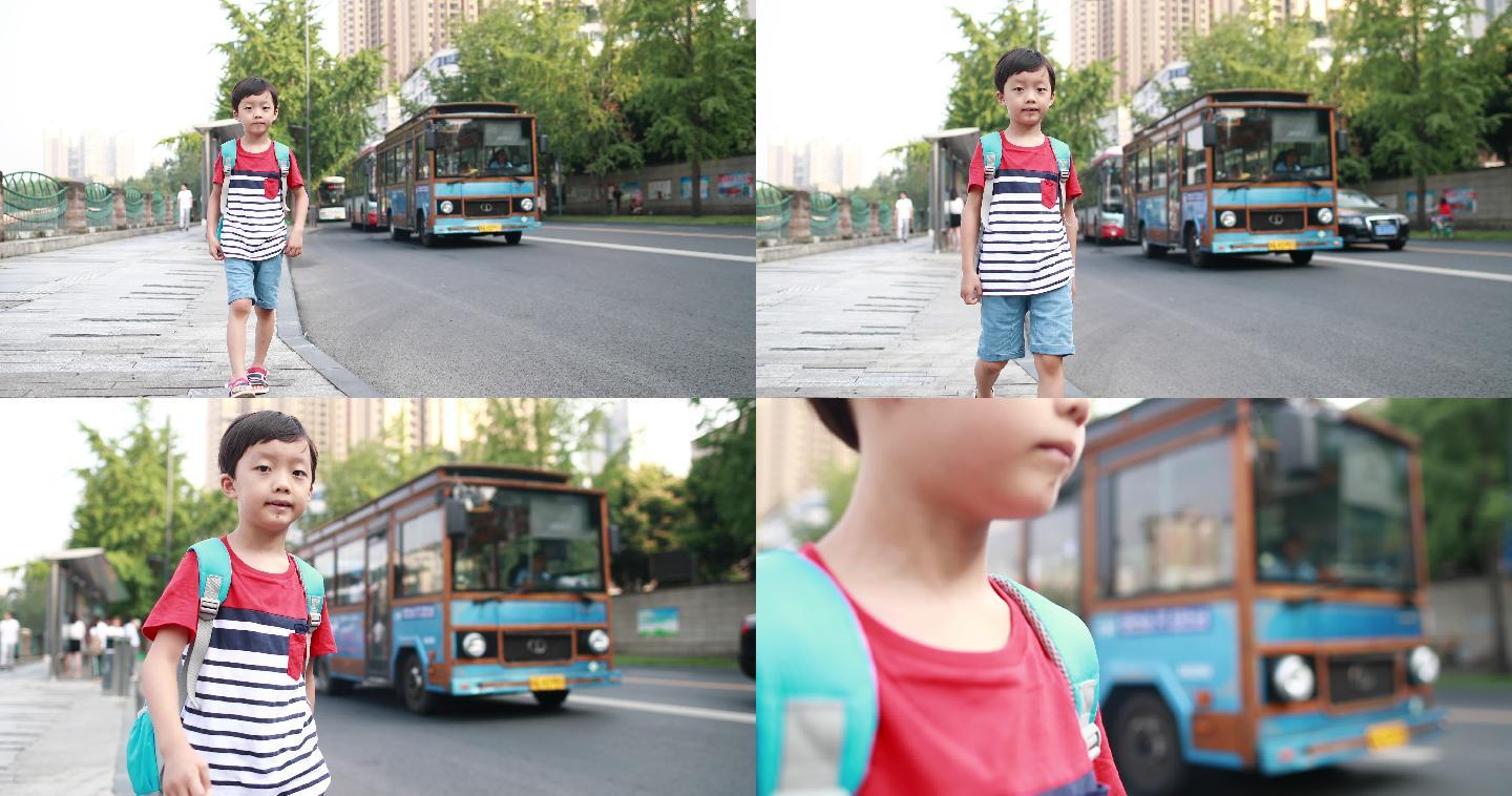小孩等待公交车人流穿行车流路口商业繁华