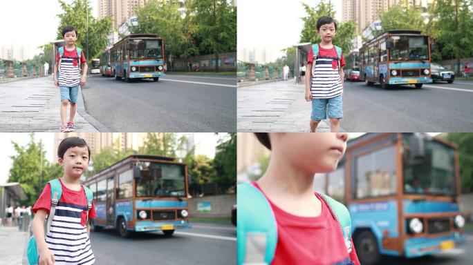 小孩等待公交车人流穿行车流路口商业繁华
