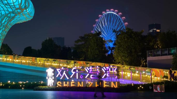 欢乐港湾摩天轮美丽城市夜景延时