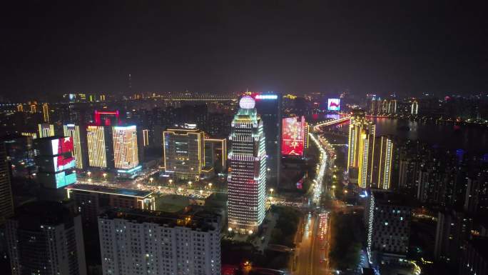 红旗团结标语临沂城市宣传航拍夜景五星红旗