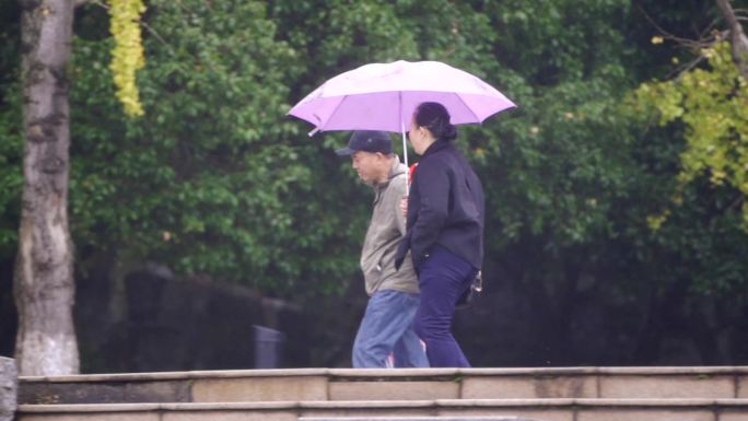 老年夫妻雨中散步