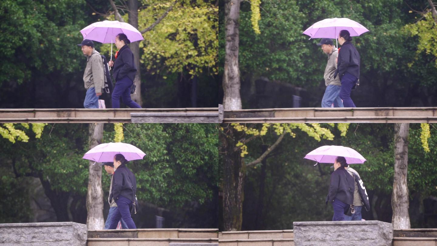 老年夫妻雨中散步