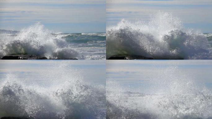 大浪粉碎海岸慢动的巨浪浪花拍岸