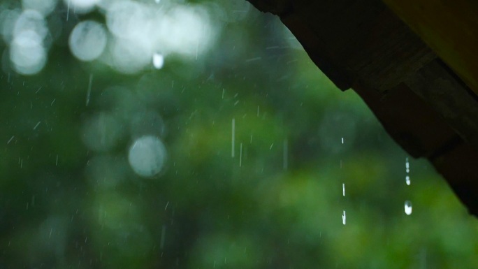 雨水从屋顶落下诗情画意场景春雨从屋檐落下