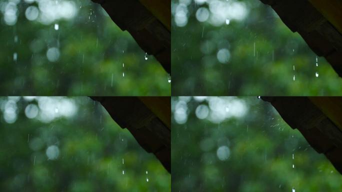 雨水从屋顶落下诗情画意场景春雨从屋檐落下