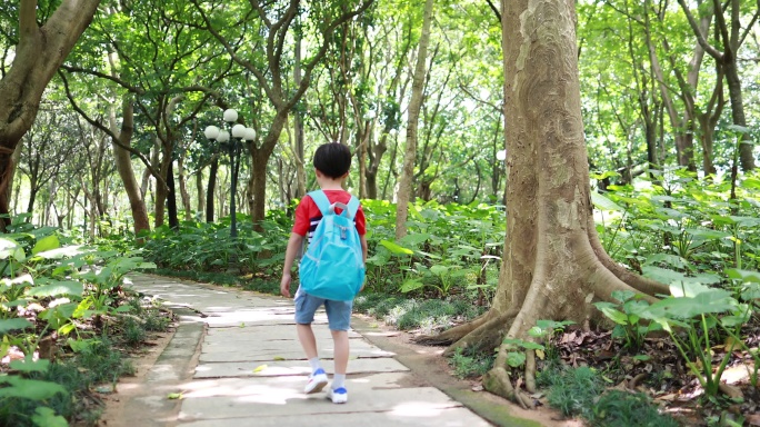 小男孩步行去学校上学