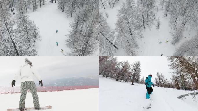 冬日航拍高山雪山滑雪板下山户外运动极限拍