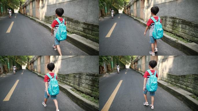 小孩背着包走在路上