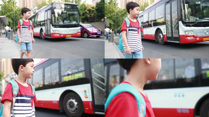 男孩在行走放学错过公交车城市街道