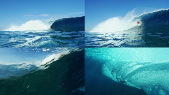 冲浪者骑在美丽的蓝色海浪