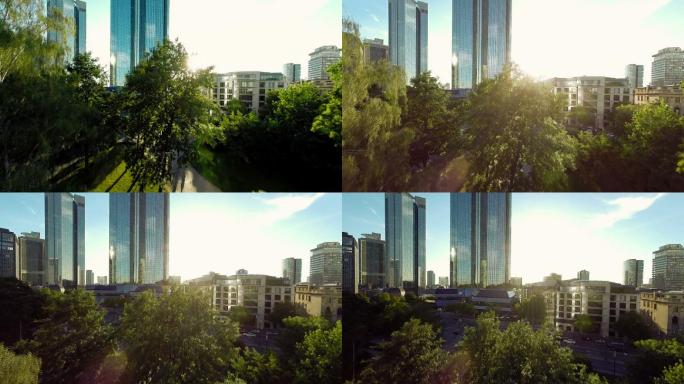 鸟瞰图的城市公园日落玻璃旅游