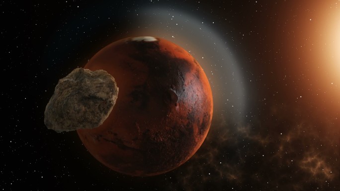 流星从太空坠落到火星3D插图