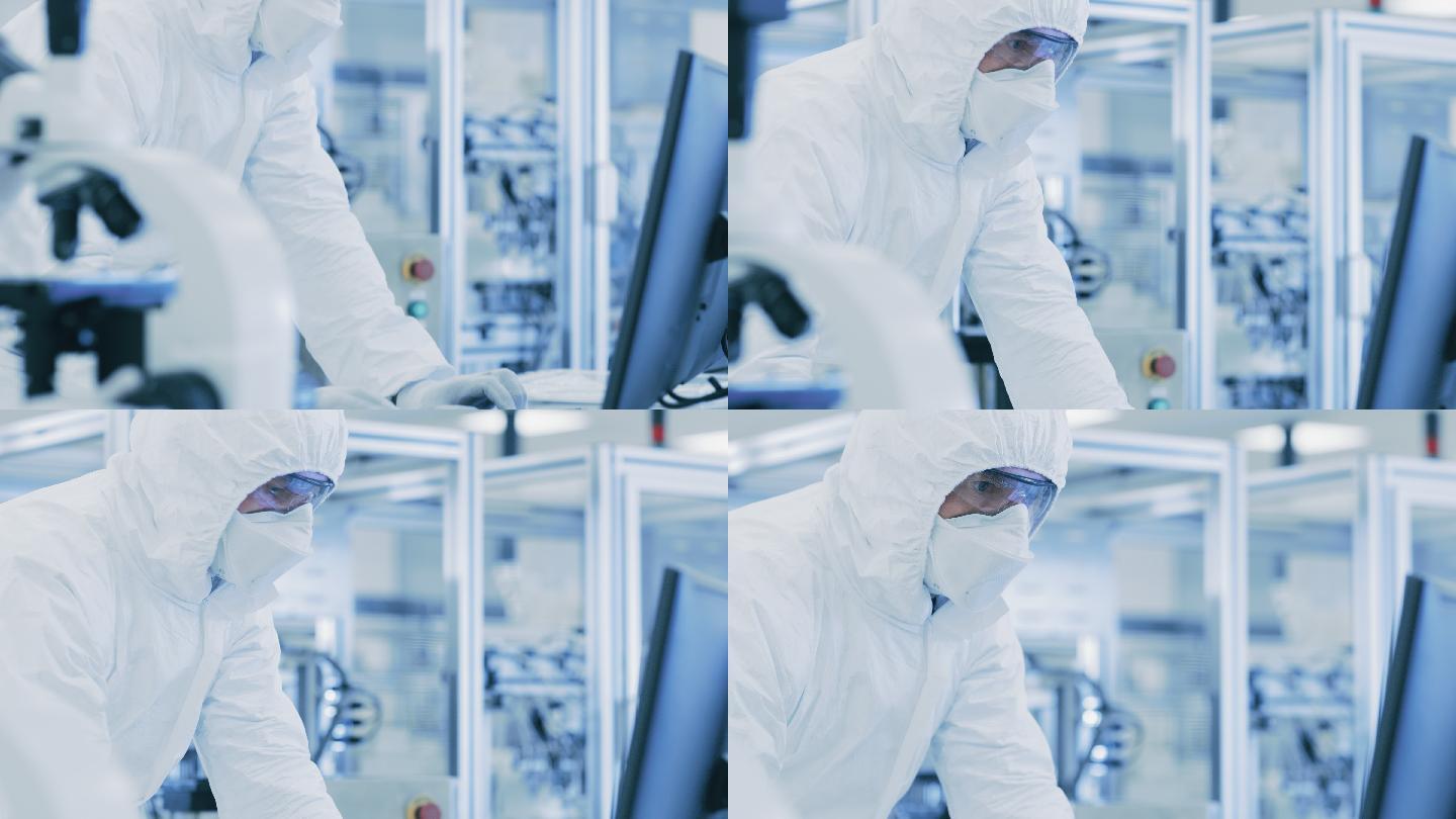 在实验室科学家穿着防护服做研究
