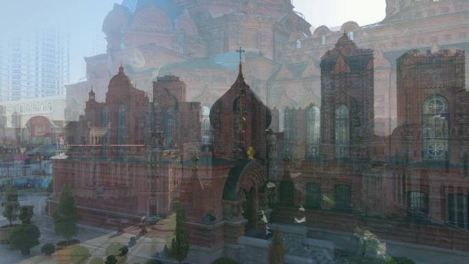 哈尔滨圣索菲亚大教堂（白天黑夜）航拍4K
