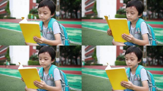 小男孩在学校读书小学生看书放学