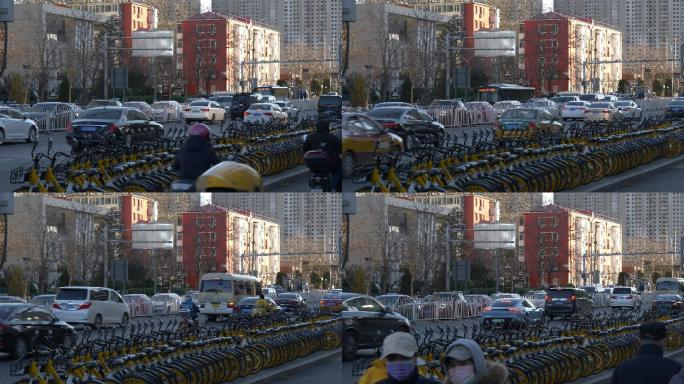 北京傍晚晚边清晨行人车流共享单车城市嘈杂