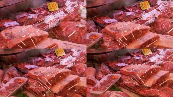 超市的新鲜生肉生鲜红肉冷冻排骨物价肉价
