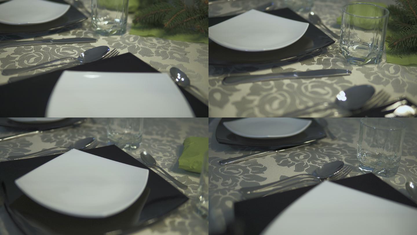 在假日优雅的晚餐前，镜头滑过餐桌