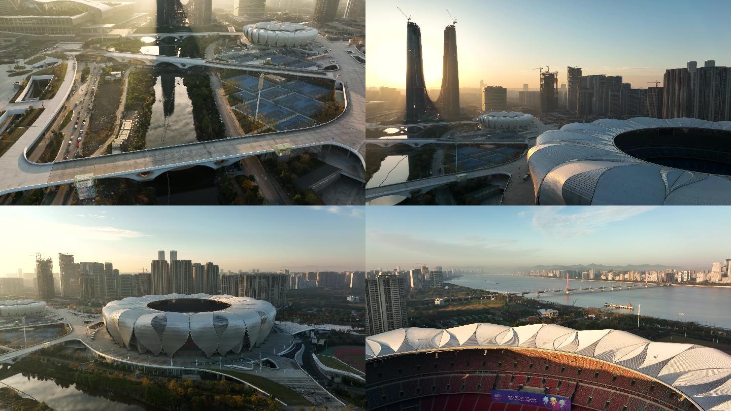 4K逆光航拍浙江杭州奥体中心亚运会体育馆