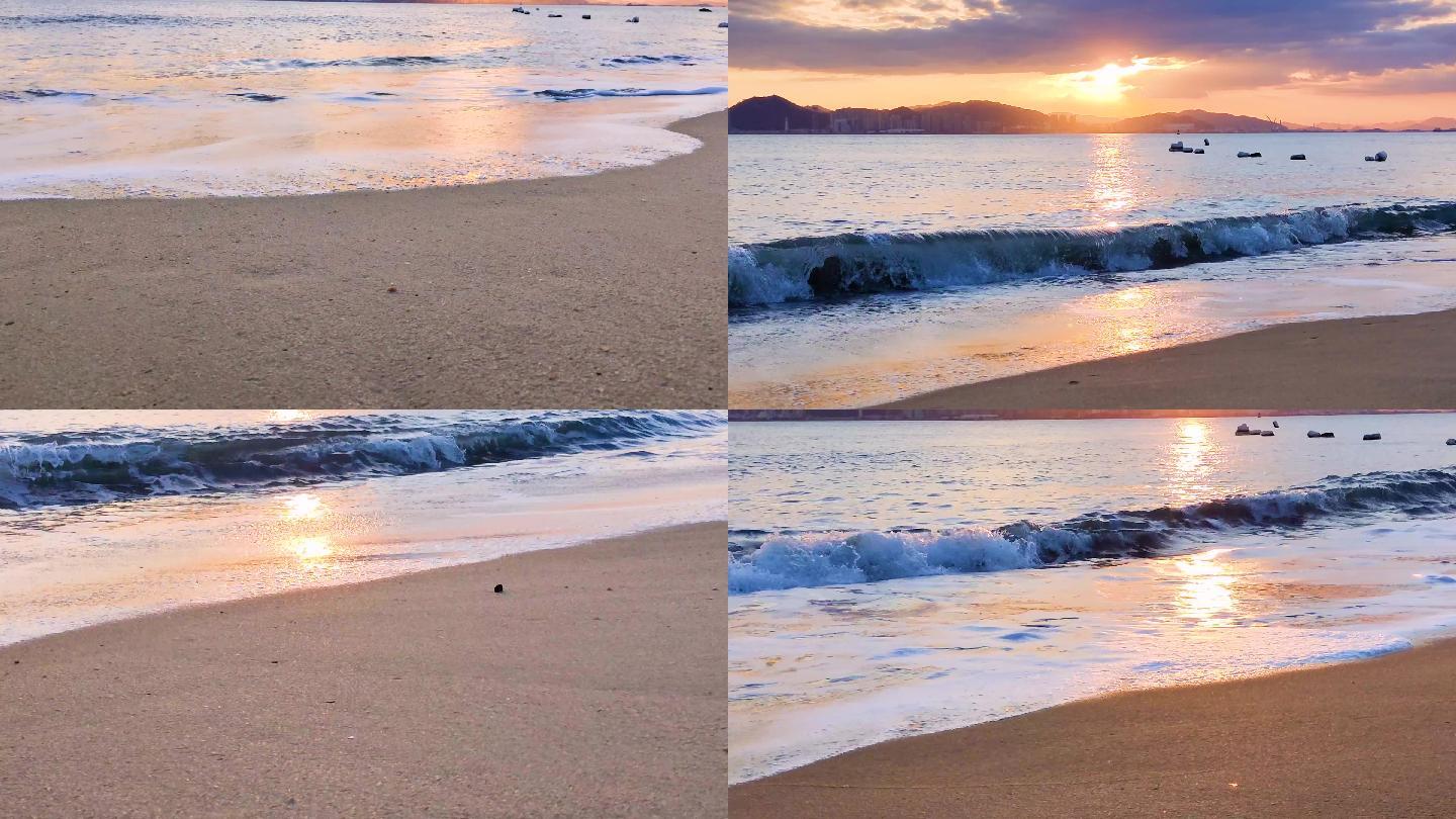 沙滩上看夕阳-浪花泡沫-唯美的浪潮
