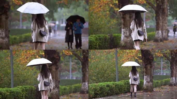 秋天-年轻女孩打伞的背影