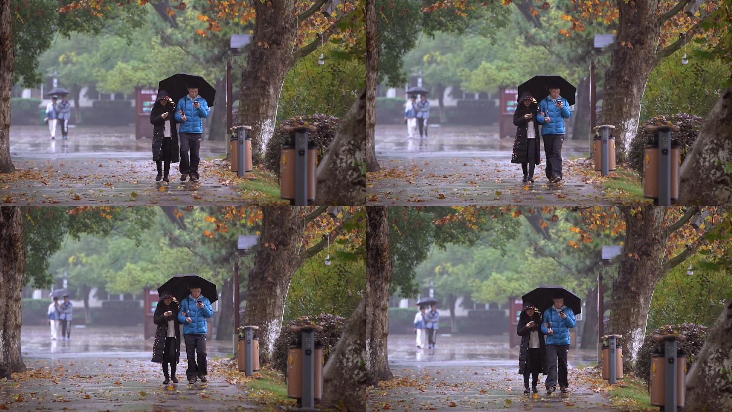 雨中散步情侣挽手走路玩手机