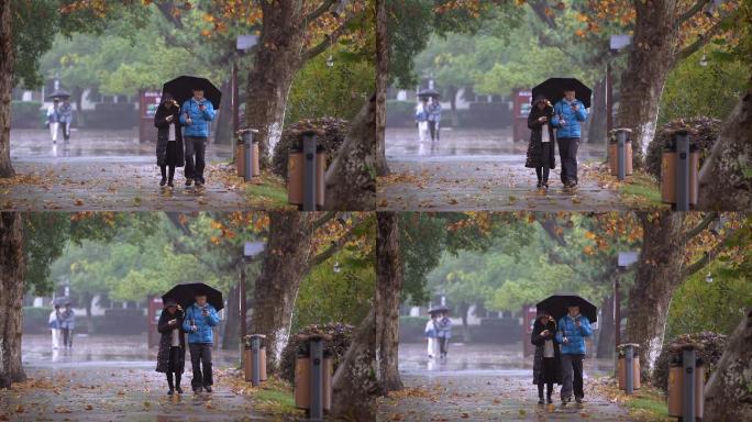 雨中散步情侣挽手走路玩手机