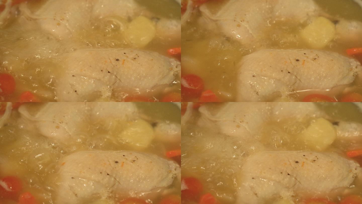 煮鸡汤特写镜头鸡汤制作