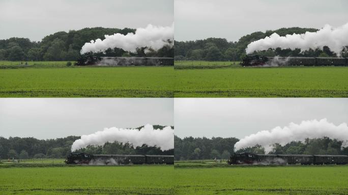 老式的蒸汽机车牵引着火车车厢。